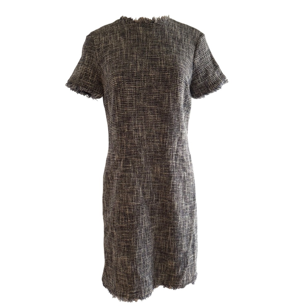 J.McLaughlin Sheath Dress Womens 8 Navy Tweed Fringe Short Sleeve Shift